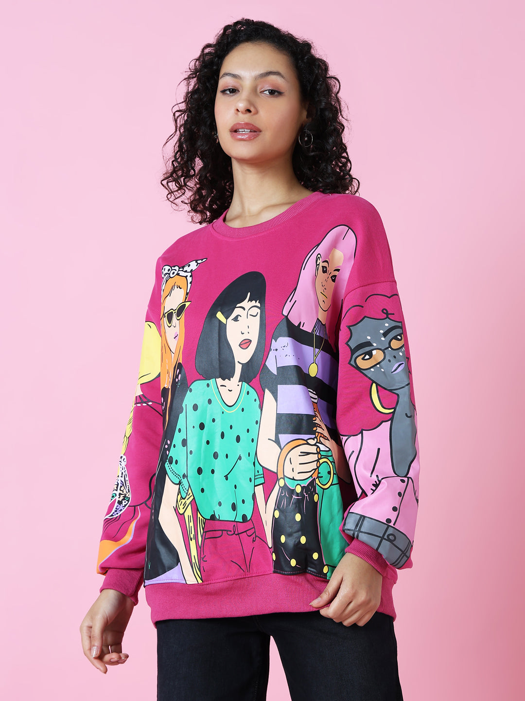 Women Graphic Pink Oversized Pullover