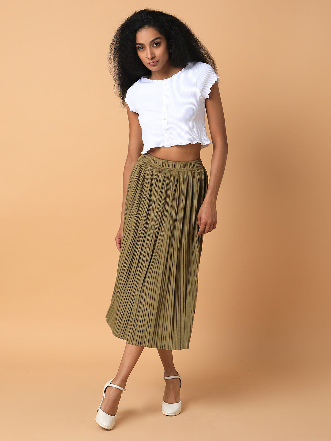 Women Solid Olive Flared Midi Skirt