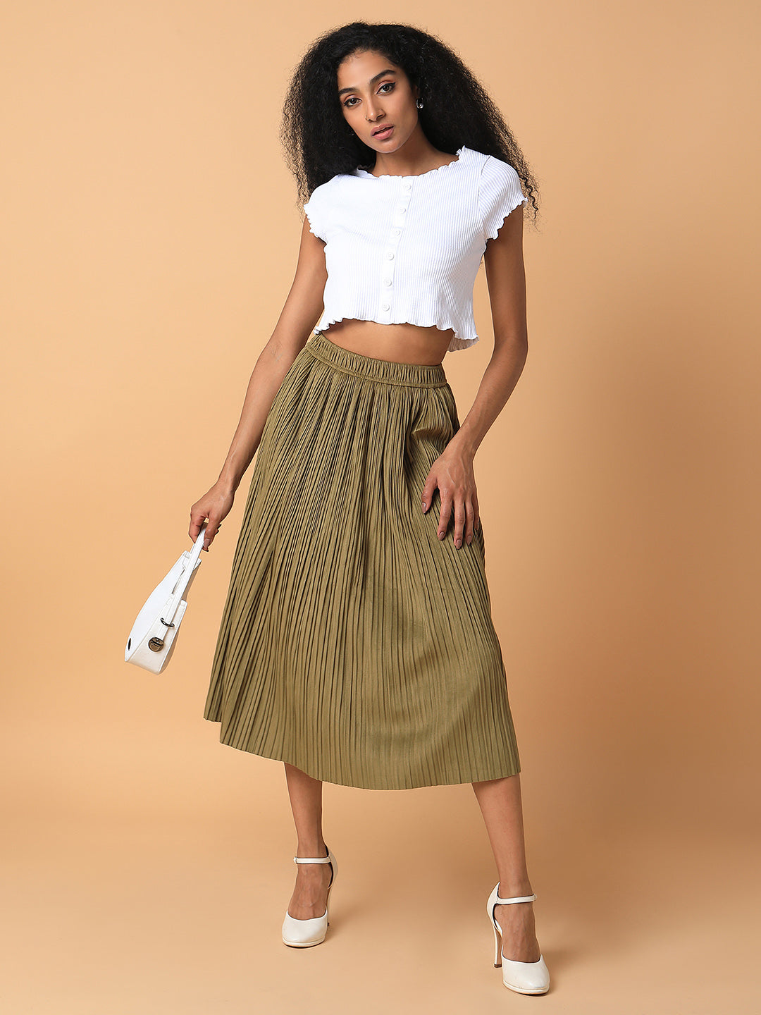 Women Solid Olive Flared Midi Skirt