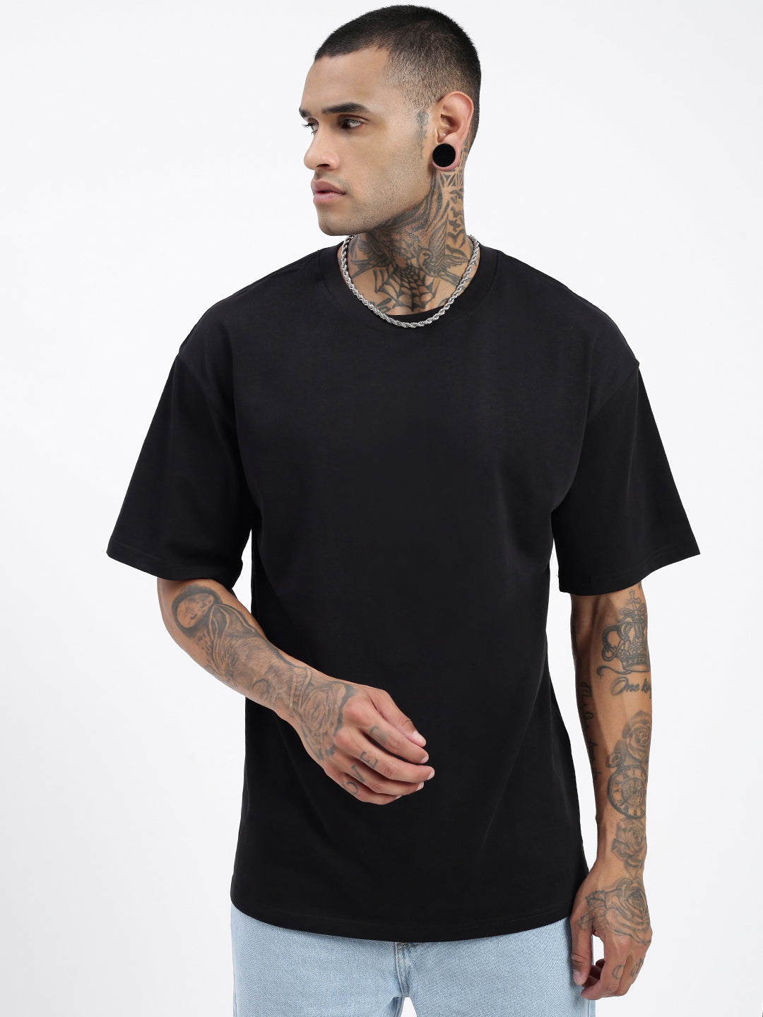 Men Solid Black Oversized T Shirt