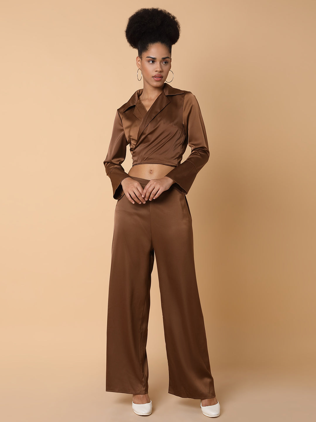 Women Solid Collared Brown Co-Ord Set