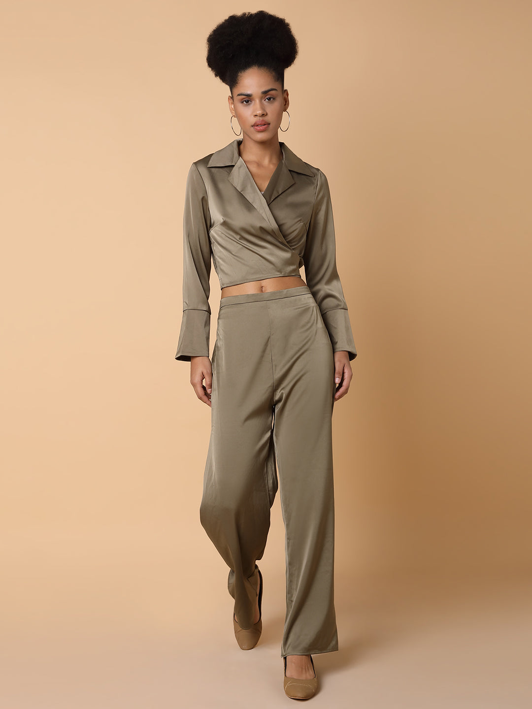 Women Solid Collared Olive Co-Ord Set