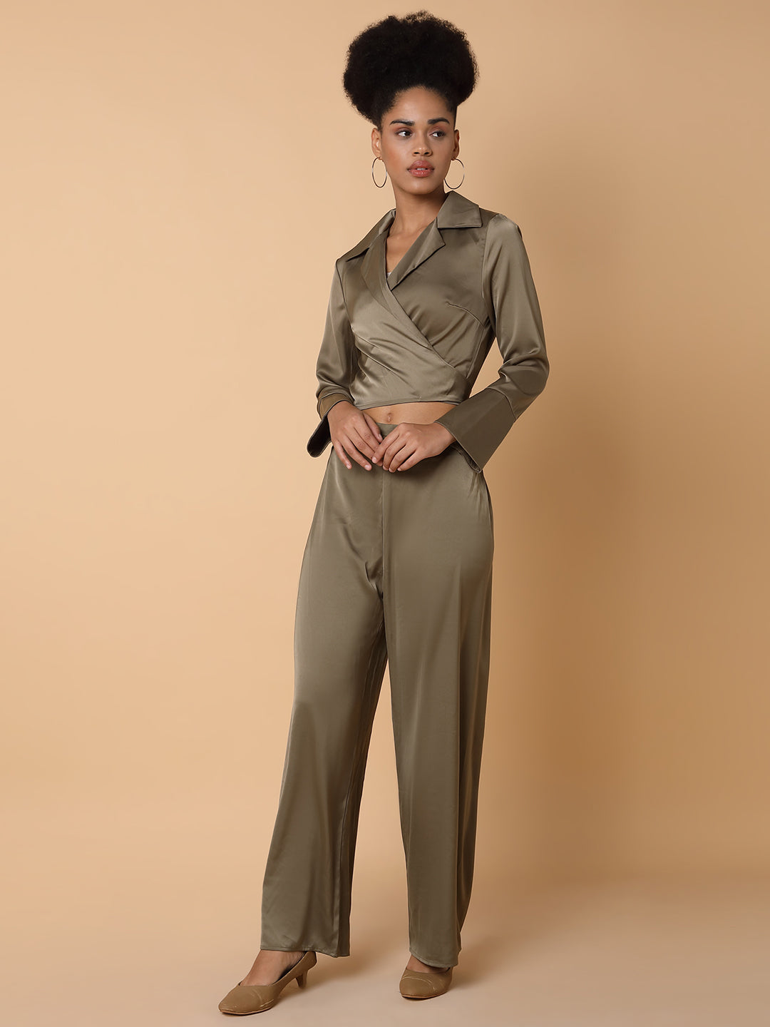 Women Solid Collared Olive Co-Ord Set