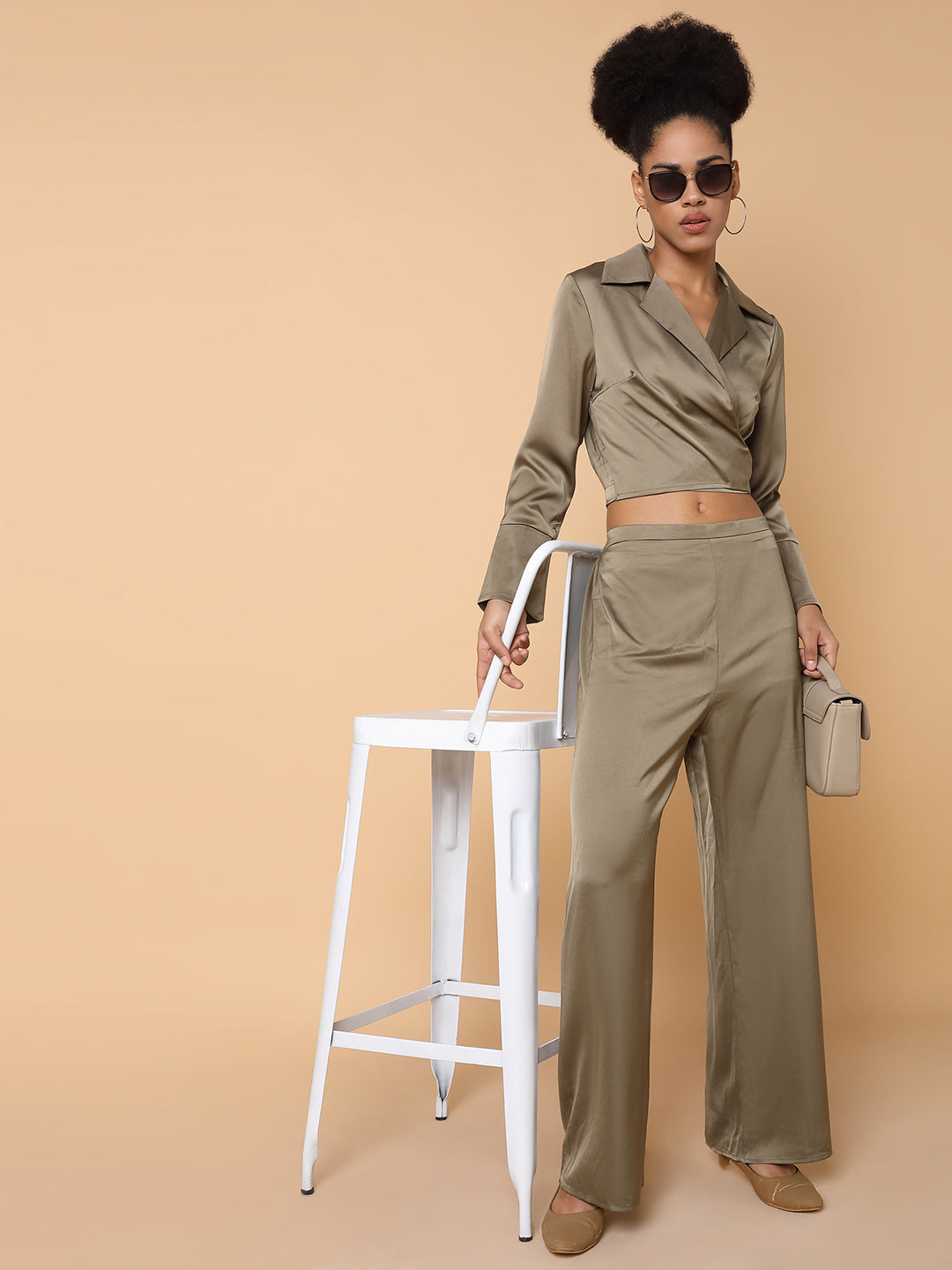 Women Solid Collared Olive Co-Ord Set