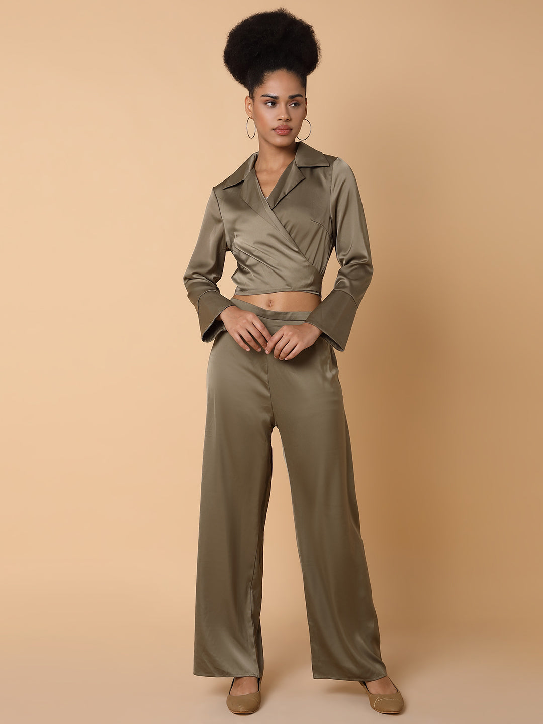 Women Solid Collared Olive Co-Ord Set