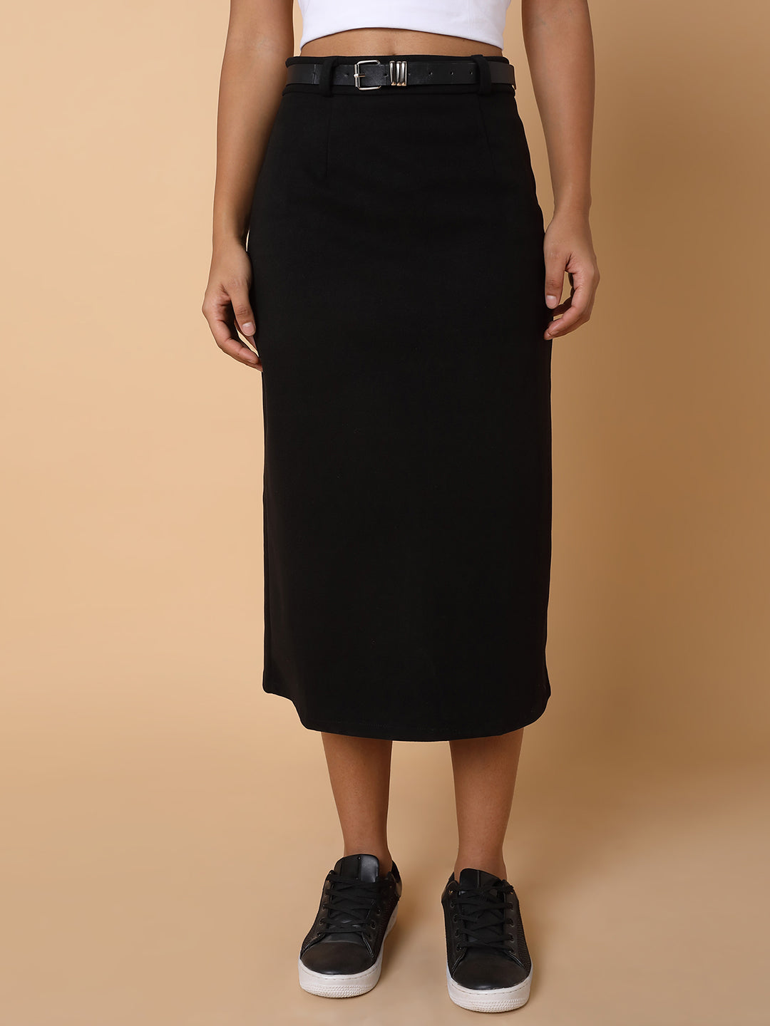 Women Solid Black Midi Skirt with Belt