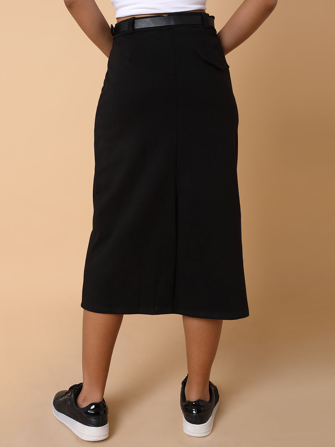 Women Solid Black Midi Skirt with Belt