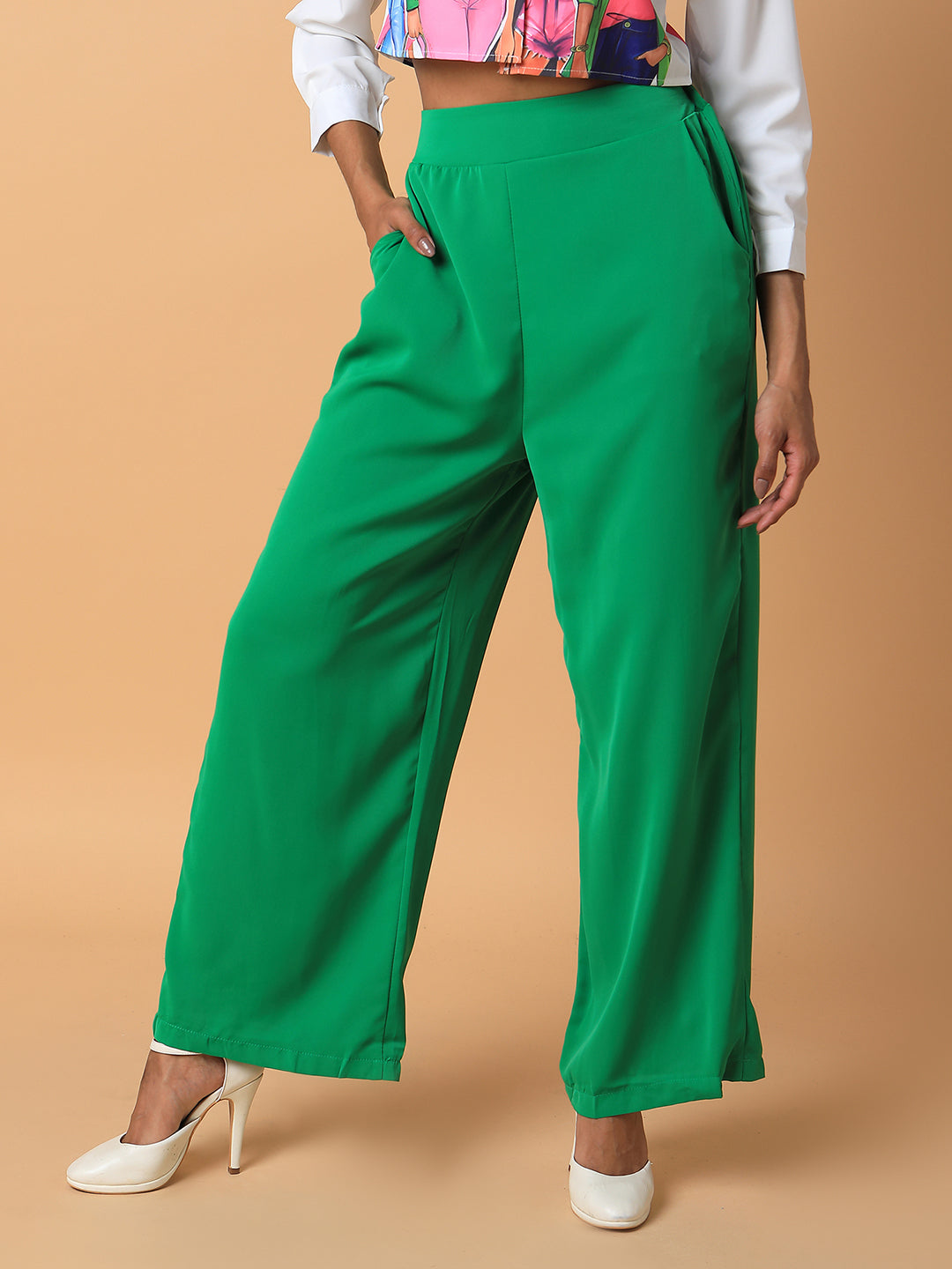 Women Flat Front Solid Green Trousers