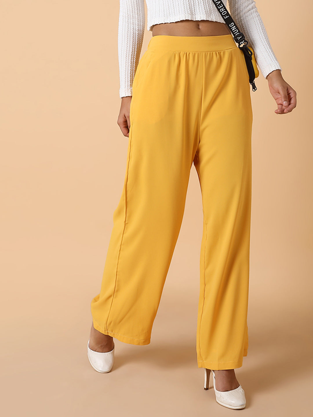 Women Flat Front Solid Mustard Trousers