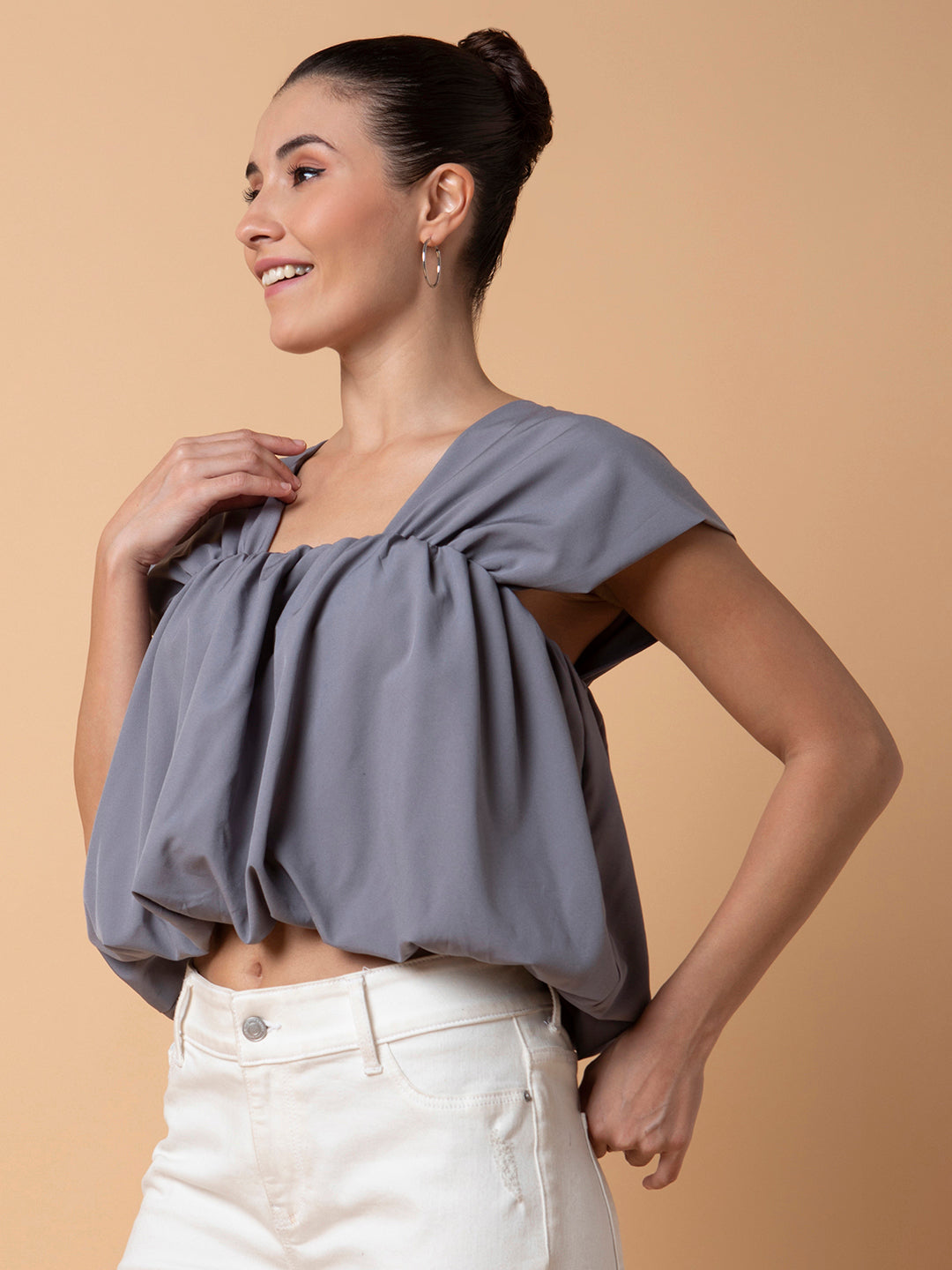 Women Solid Grey Blouson Top