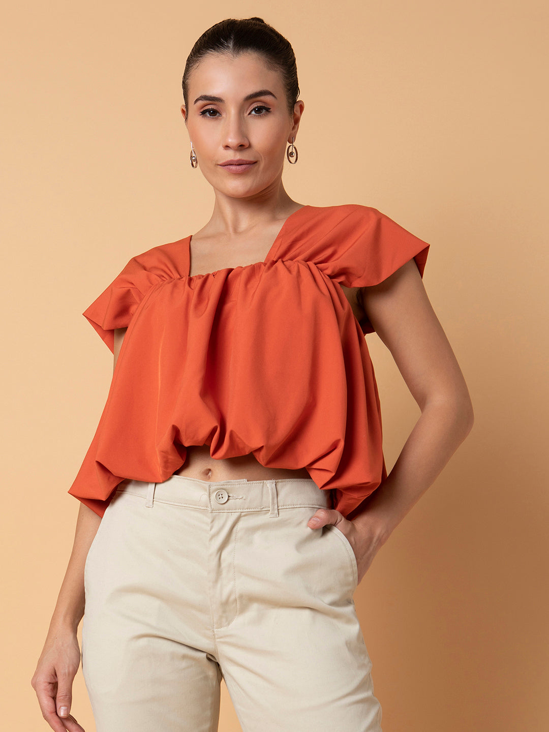 Women Solid Orange Blouson Top