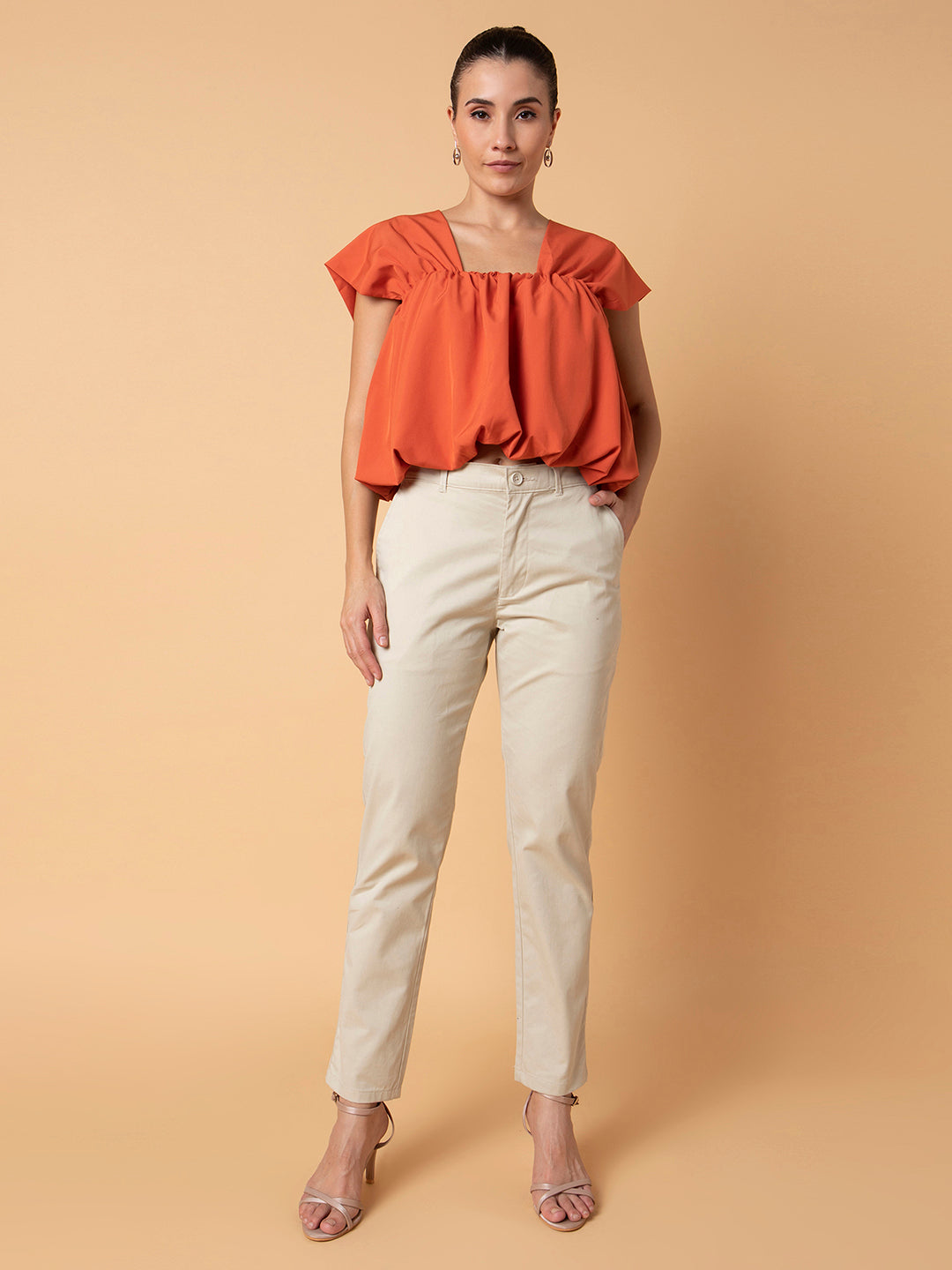 Women Solid Orange Blouson Top