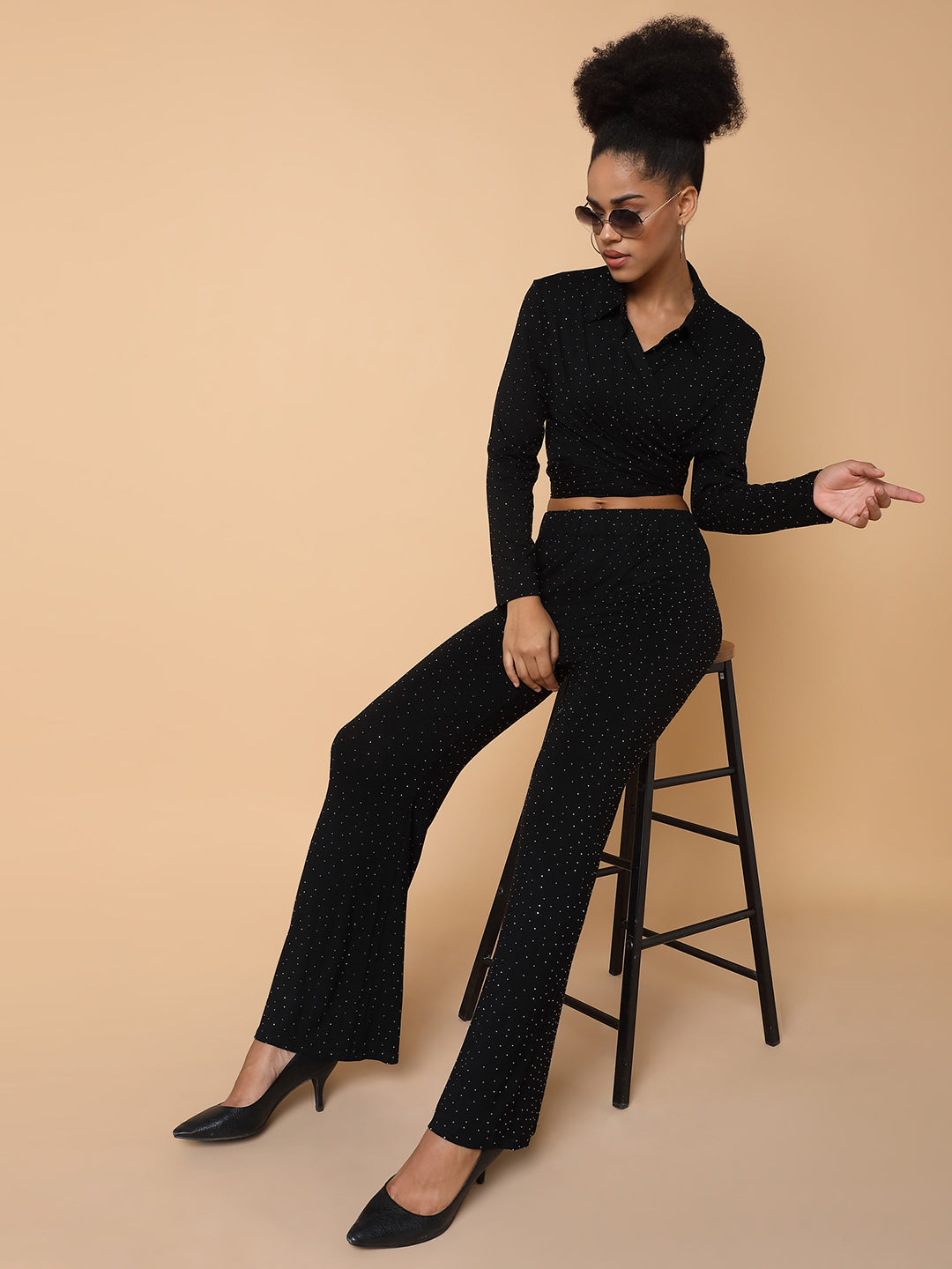 Women Embellished Collared Black Co-Ord Set