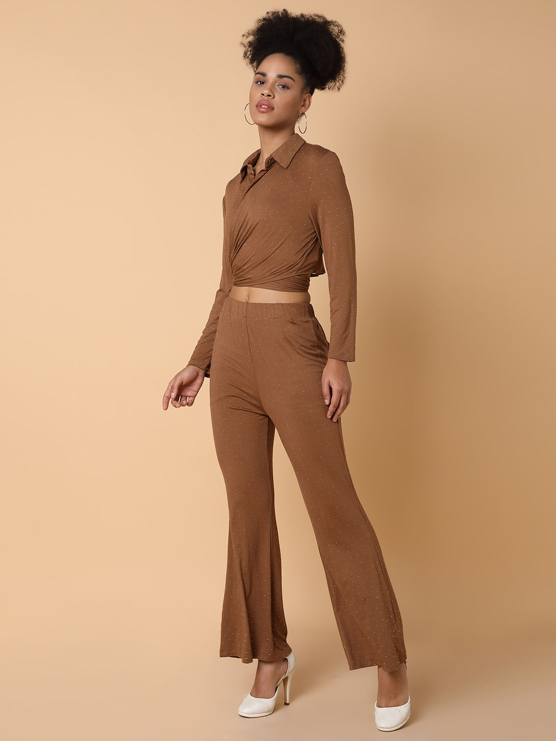 Women Embellished Collared Brown Co-Ord Set