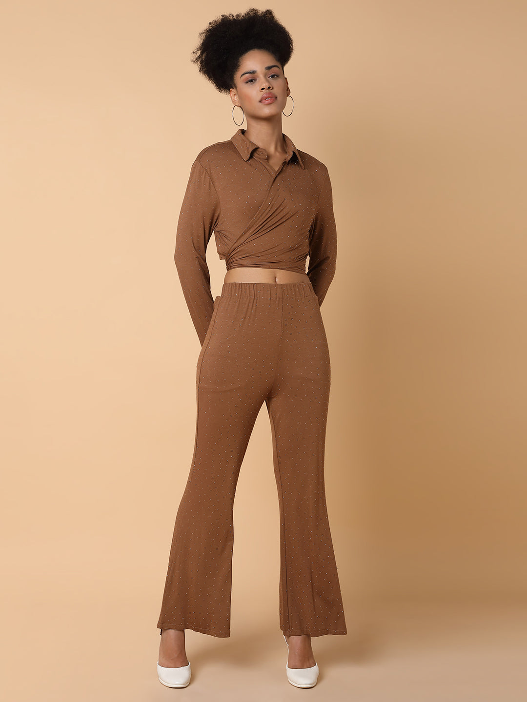 Women Embellished Collared Brown Co-Ord Set