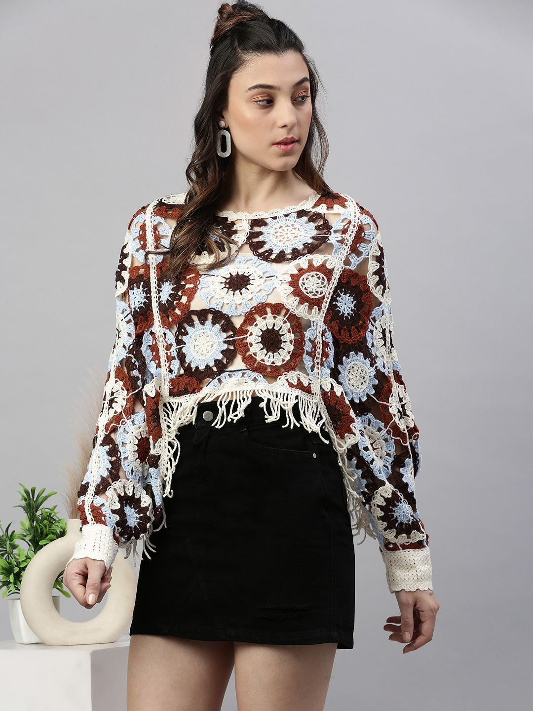Women Self Design Brown Crochet Crop Top