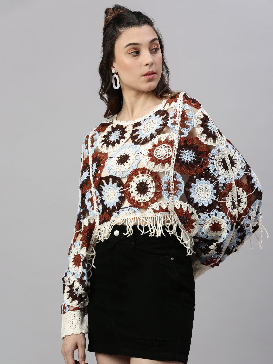Women Self Design Brown Crochet Crop Top