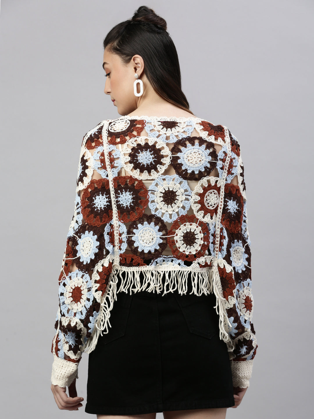 Women Self Design Brown Crochet Crop Top