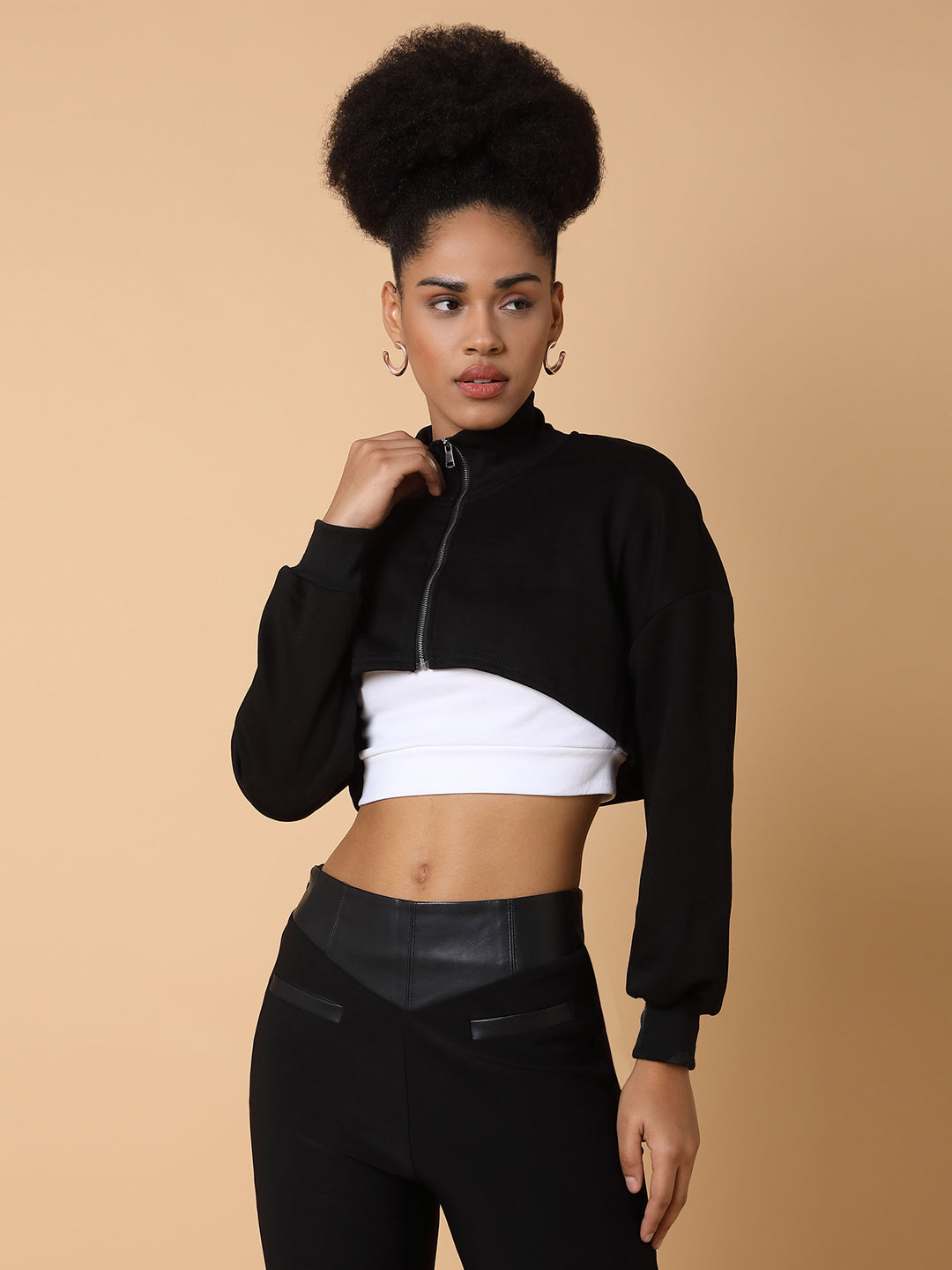 Women Solid Black Crop Top with Tank top