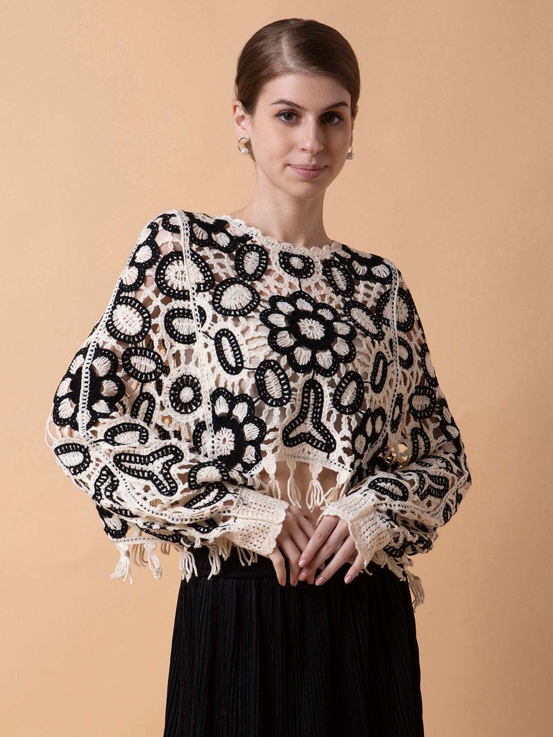 Women Self Design Cream Crochet Crop Top