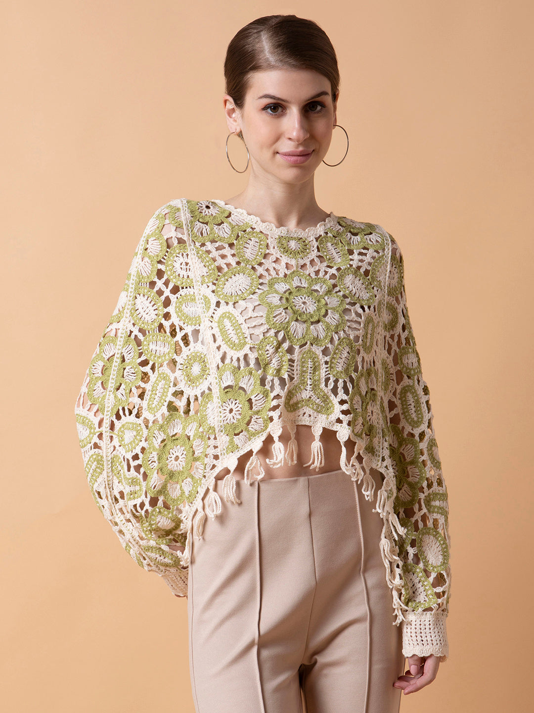 Women Self Design Sea Green Crochet Crop Top