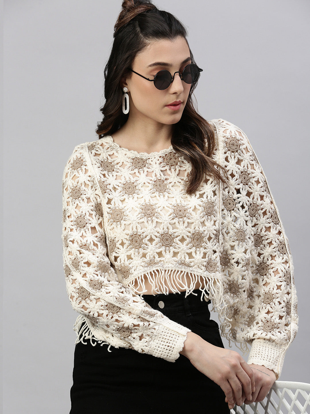 Women Self Design Cream Crochet Crop Top