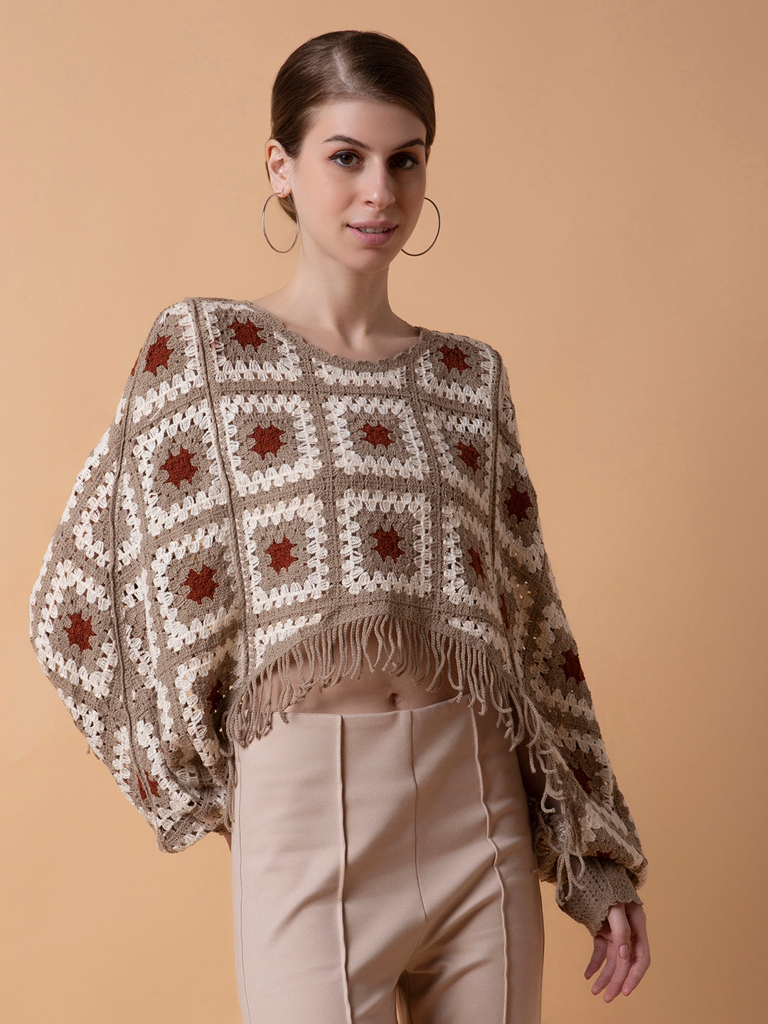 Women Self Design Beige Crochet Crop Top