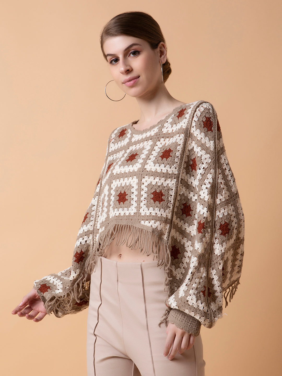 Women Self Design Beige Crochet Crop Top