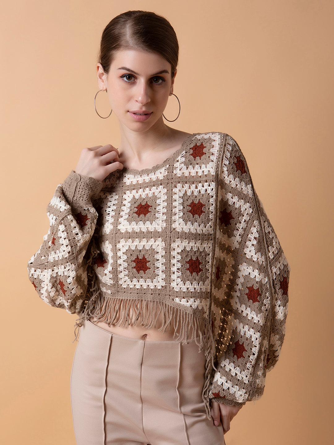 Women Self Design Beige Crochet Crop Top