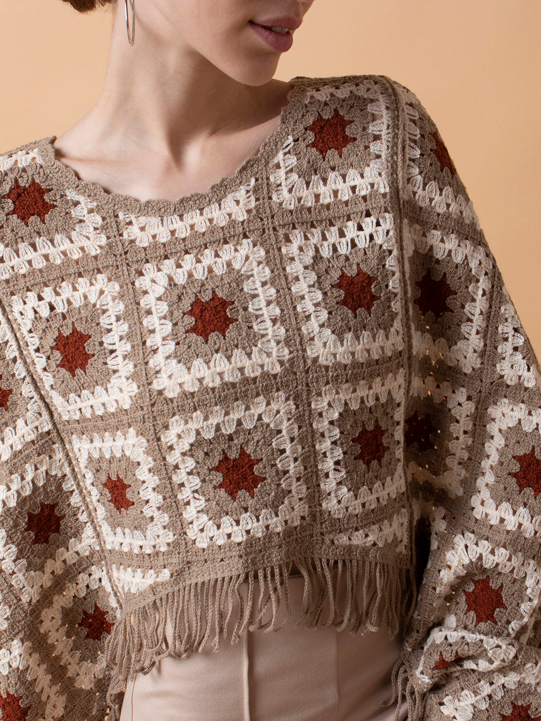 Women Self Design Beige Crochet Crop Top