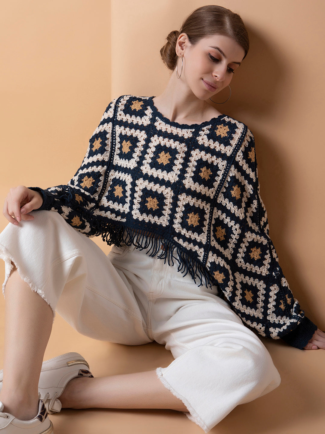 Women Self Design Teal Crochet Crop Top