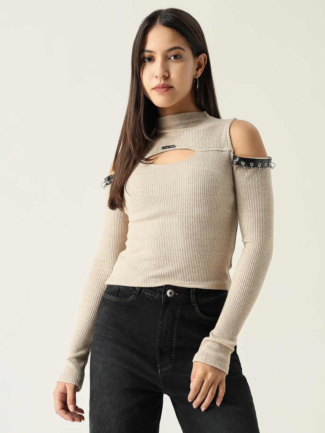 Women Solid Beige Fitted Top