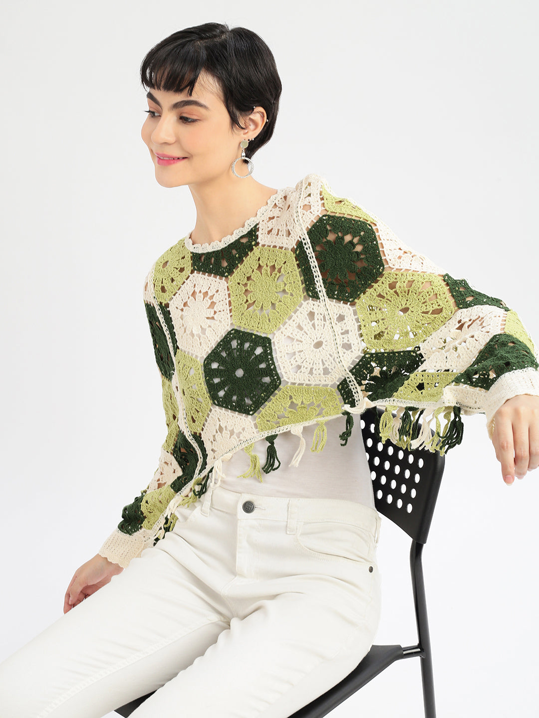 Women Self Design Green Crochet Crop Top
