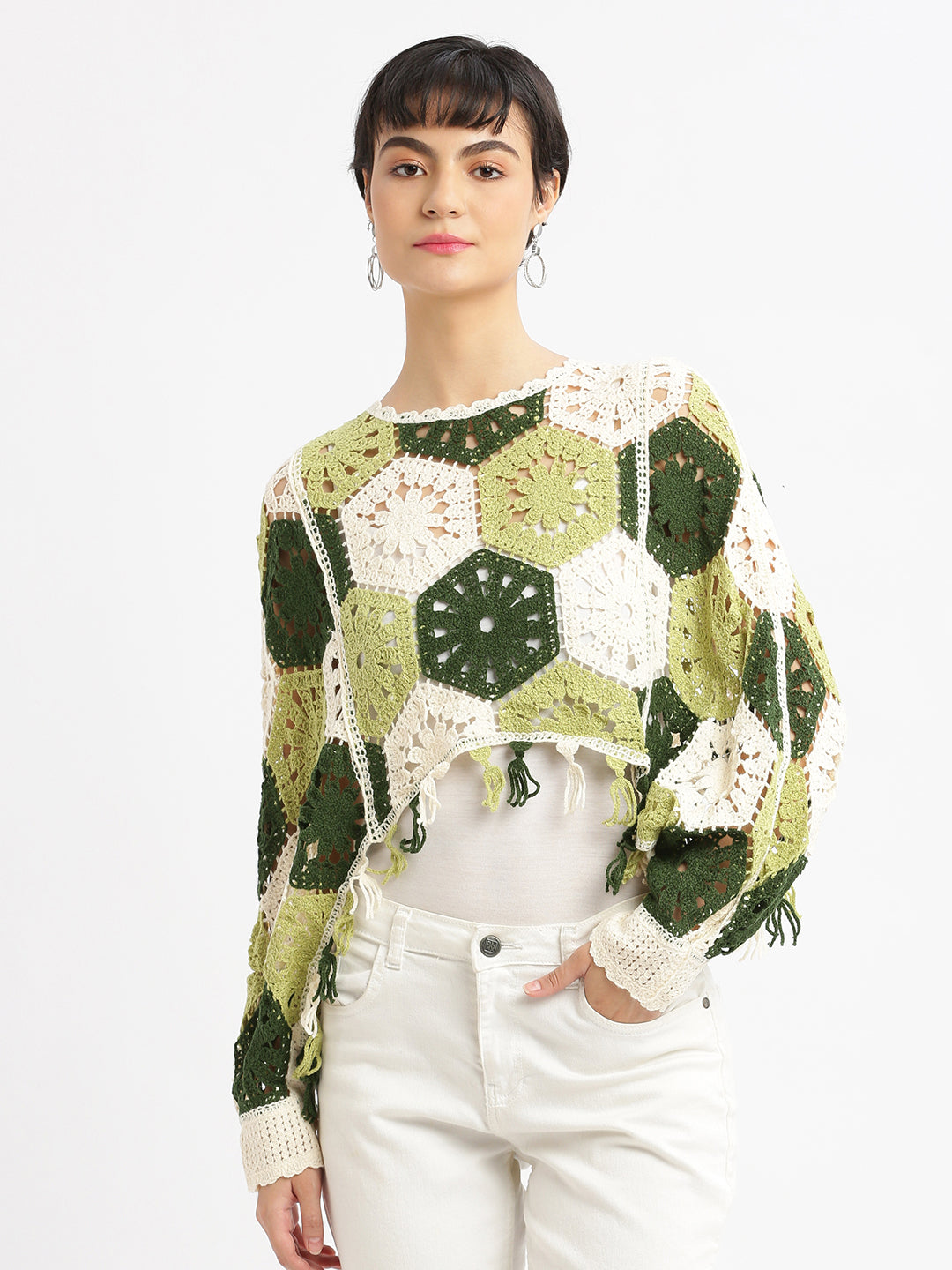 Women Self Design Green Crochet Crop Top