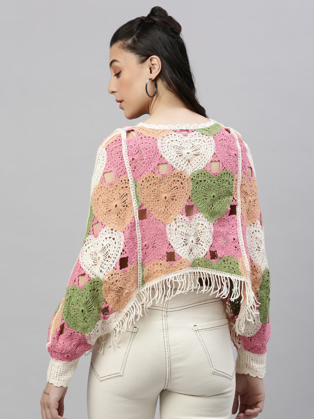 Women Self Design Pink Crochet Crop Top