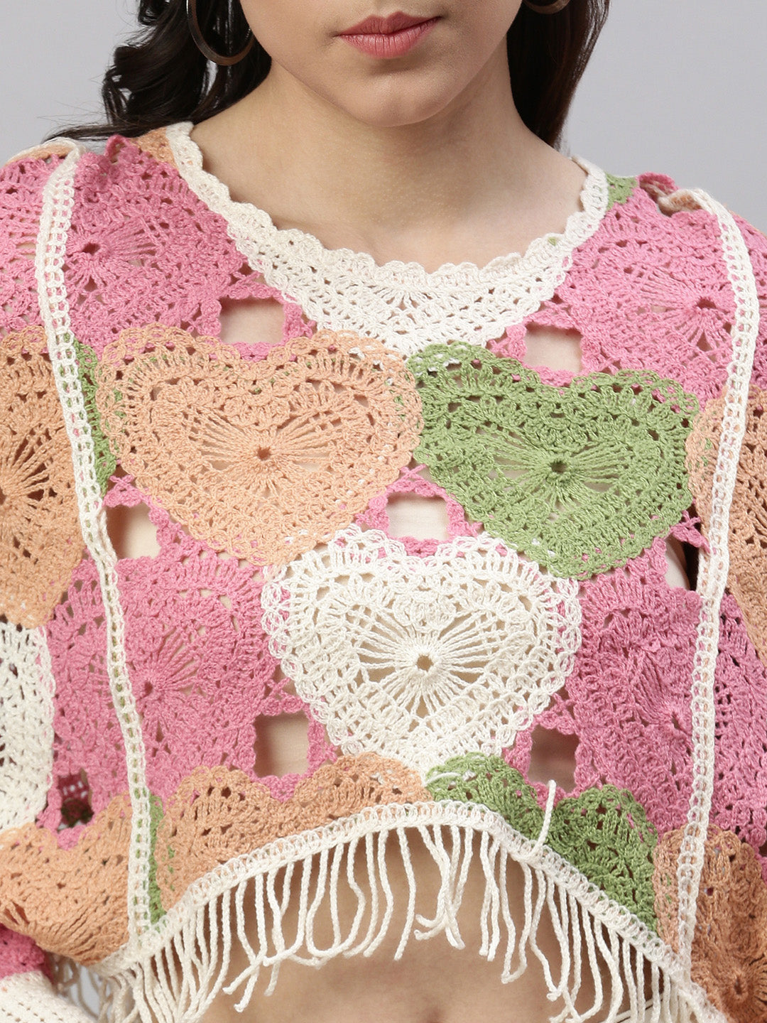 Women Self Design Pink Crochet Crop Top