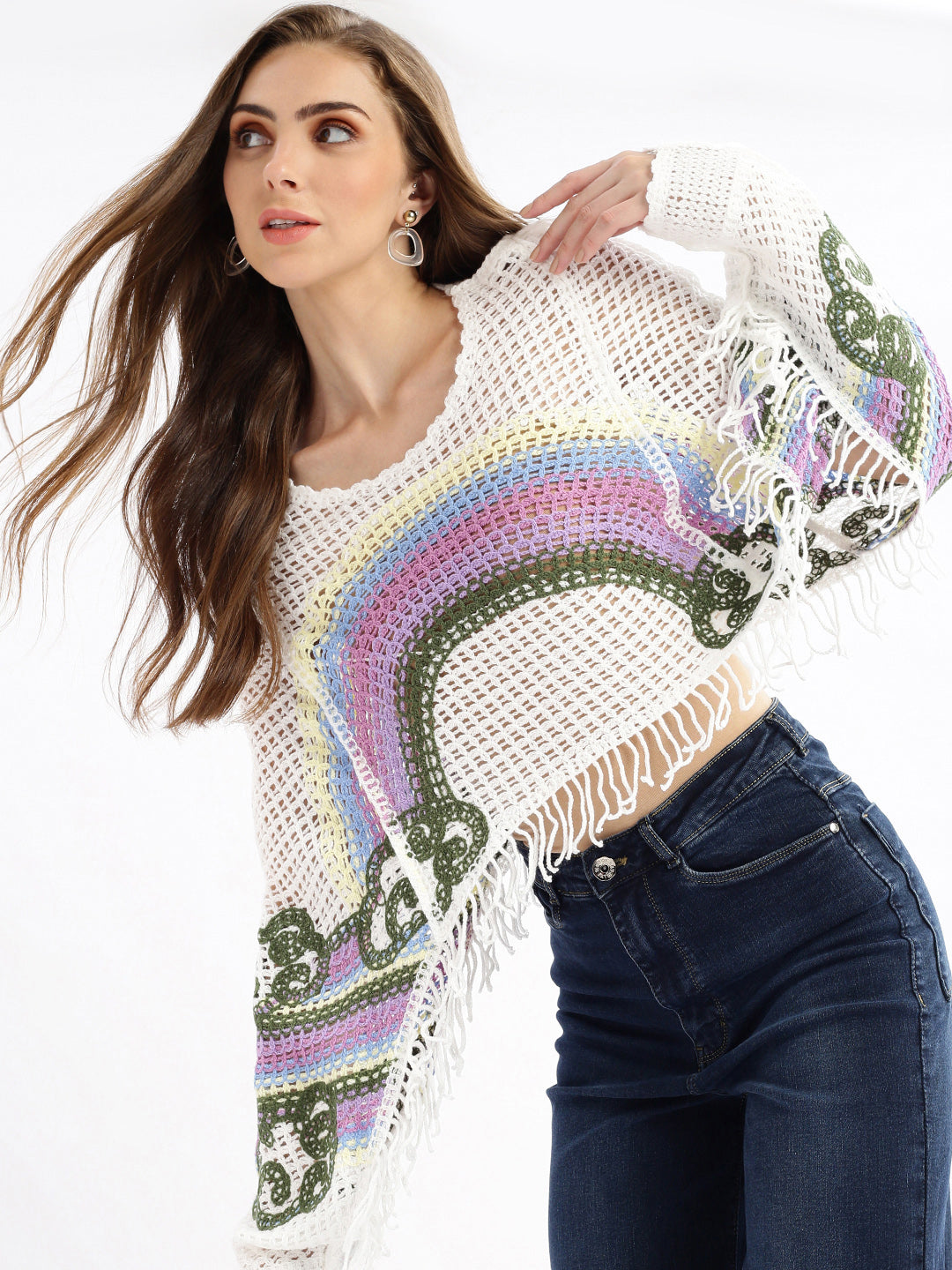 Women Self Design White Crochet Crop Top