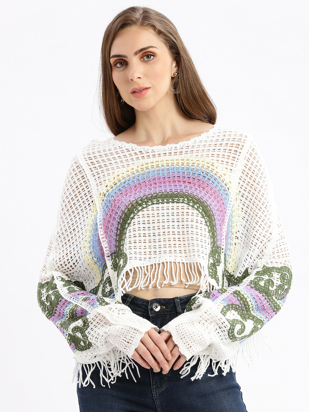 Women Self Design White Crochet Crop Top