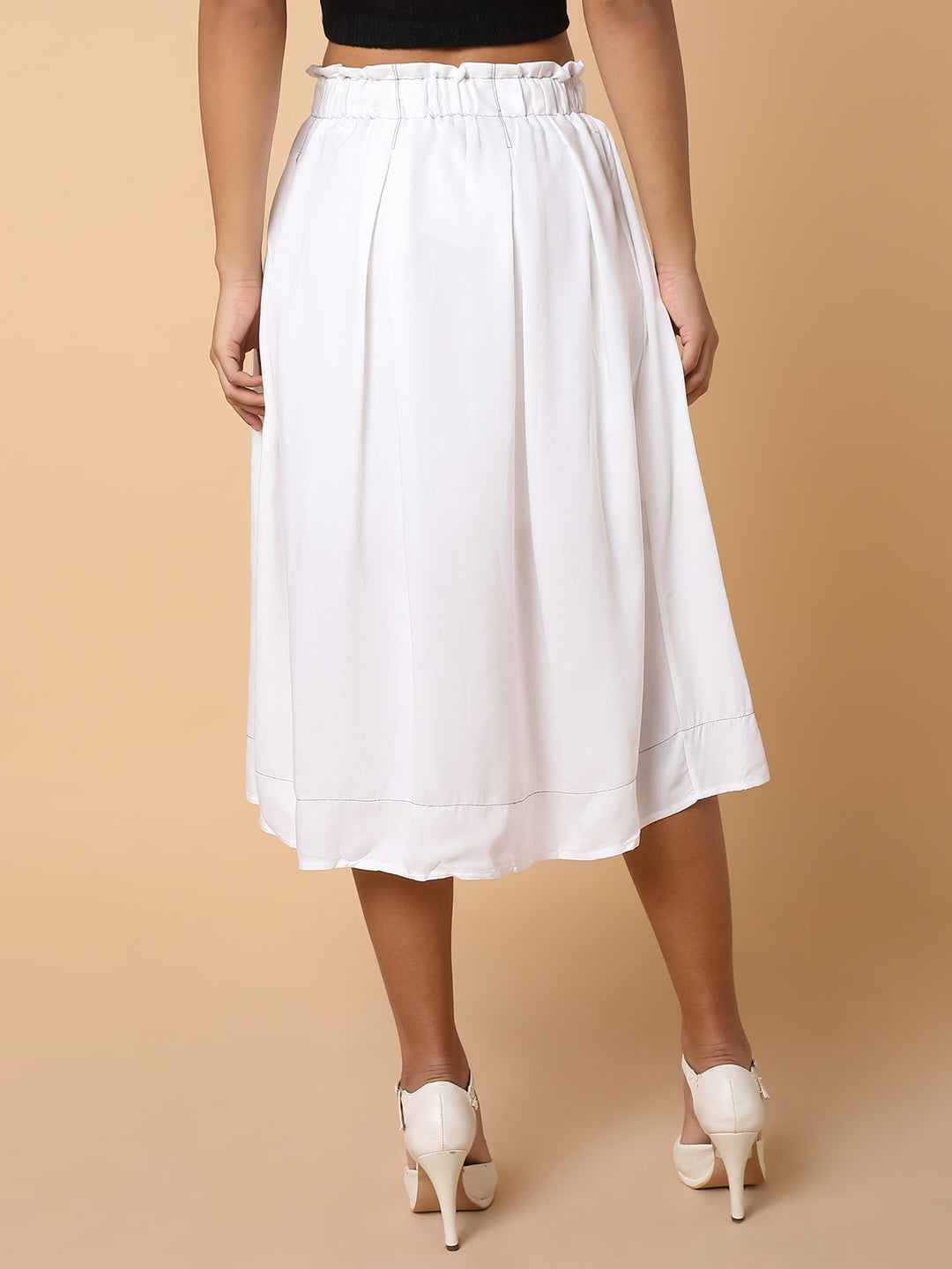 Women Solid White Flared Midi Skirt