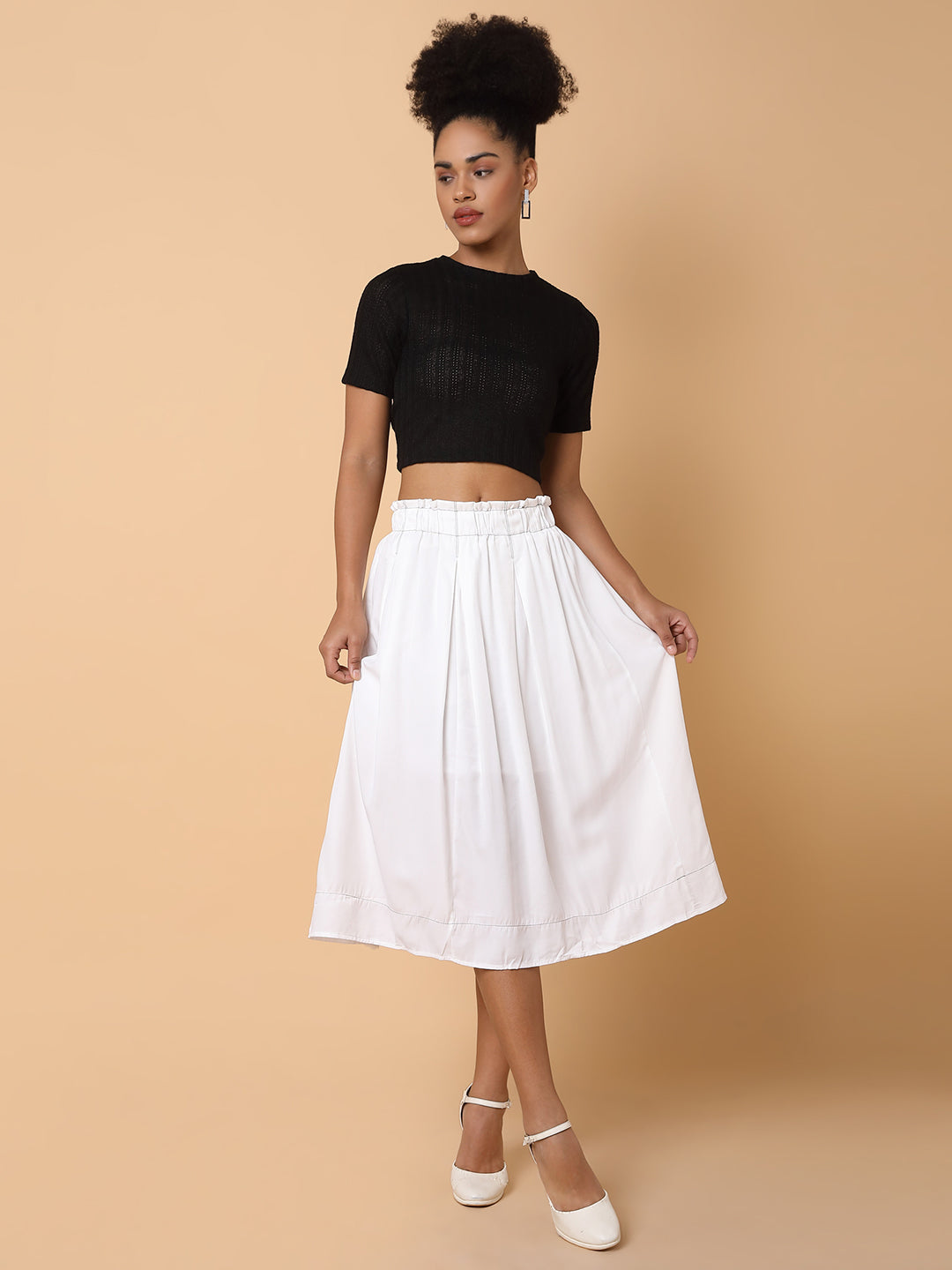 Women Solid White Flared Midi Skirt