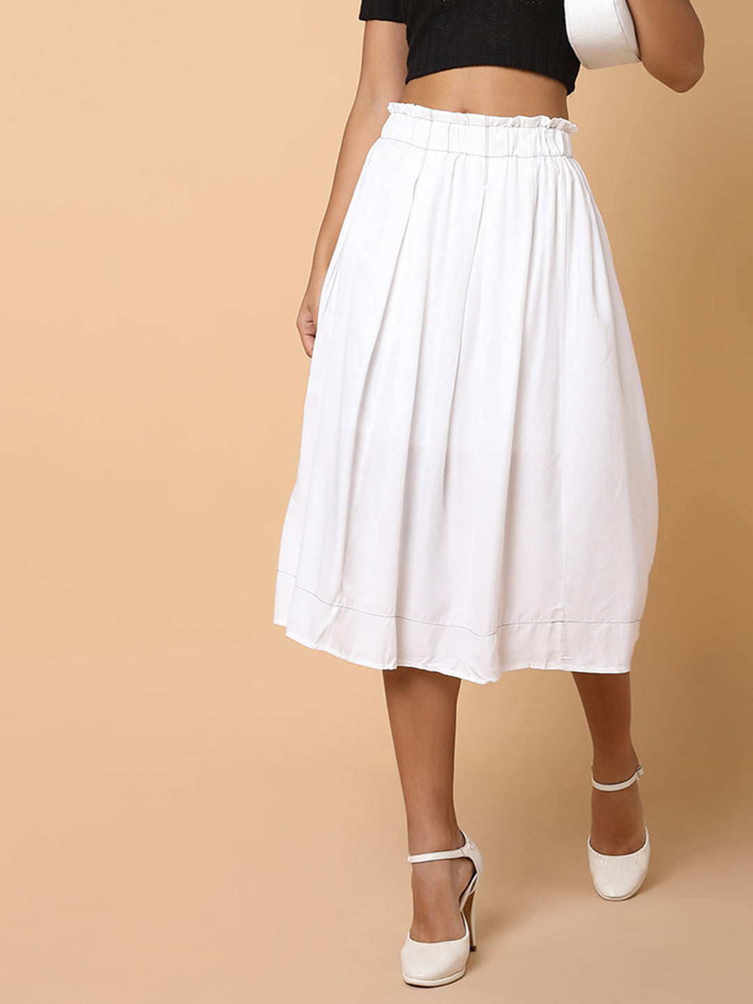 Women Solid White Flared Midi Skirt