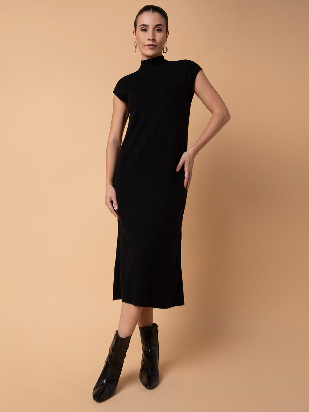Women Solid Black Midi A-Line Dress