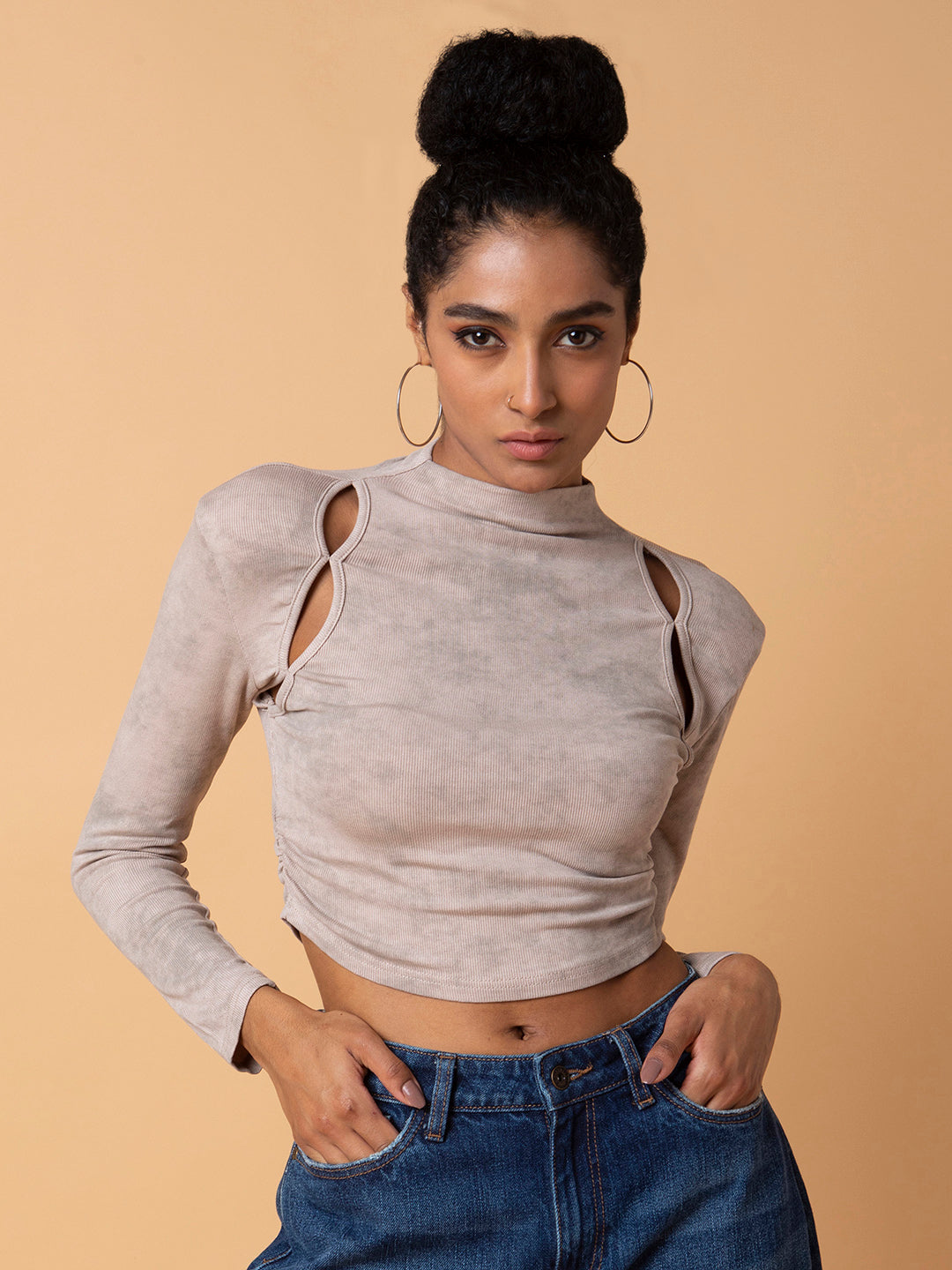 Women Solid Beige Fitted Ruched Crop Top