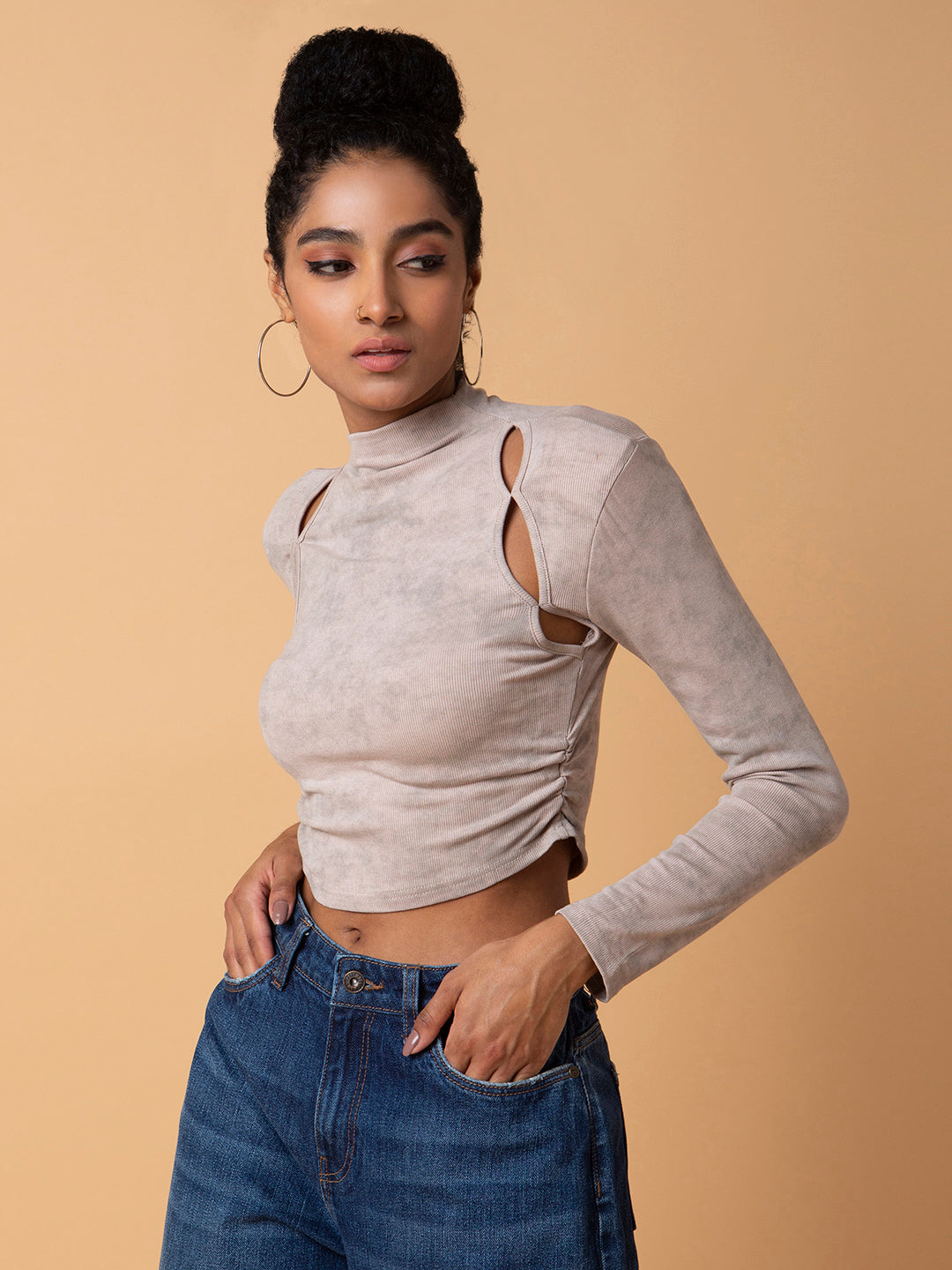 Women Solid Beige Fitted Ruched Crop Top