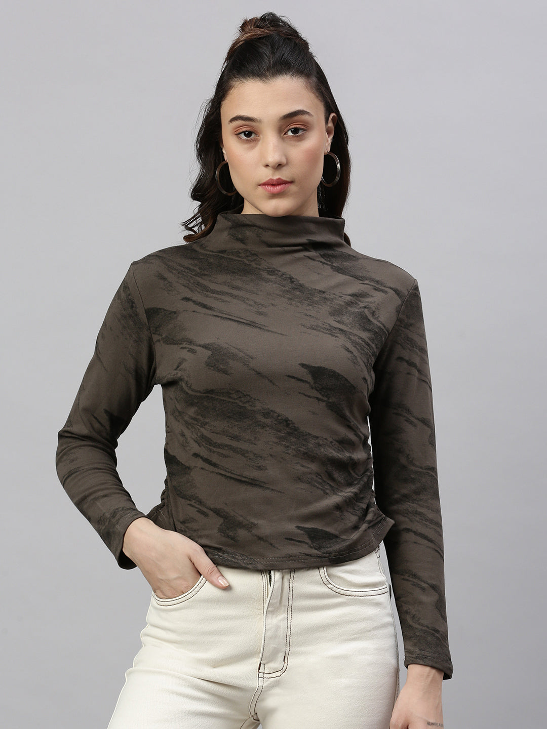 Women Abstract Brown Fitted Top