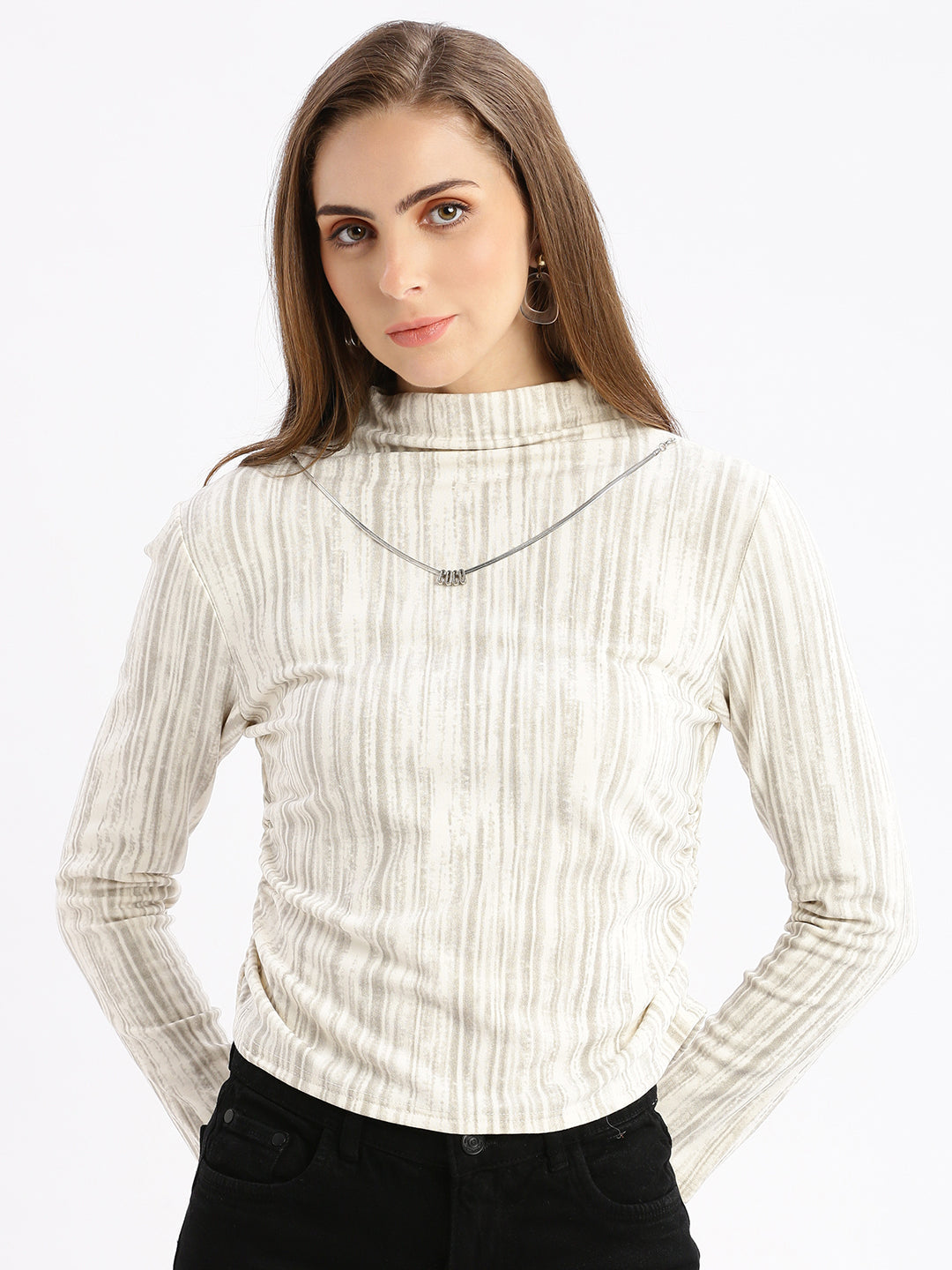 Women Striped Cream Fitted Top with Neck Chain