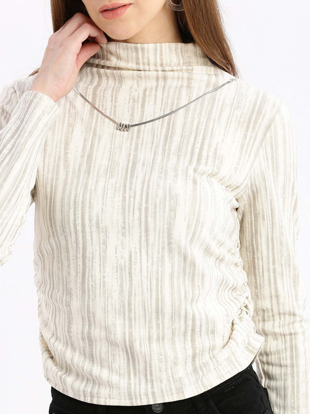 Women Striped Cream Fitted Top with Neck Chain
