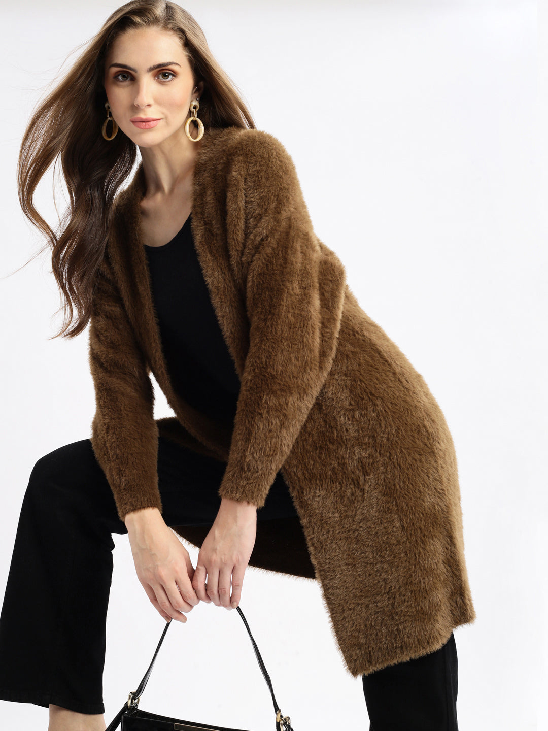 Women Brown Solid Open Front Longline Shrug