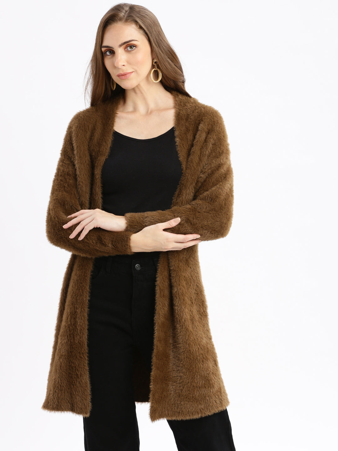 Women Brown Solid Open Front Longline Shrug