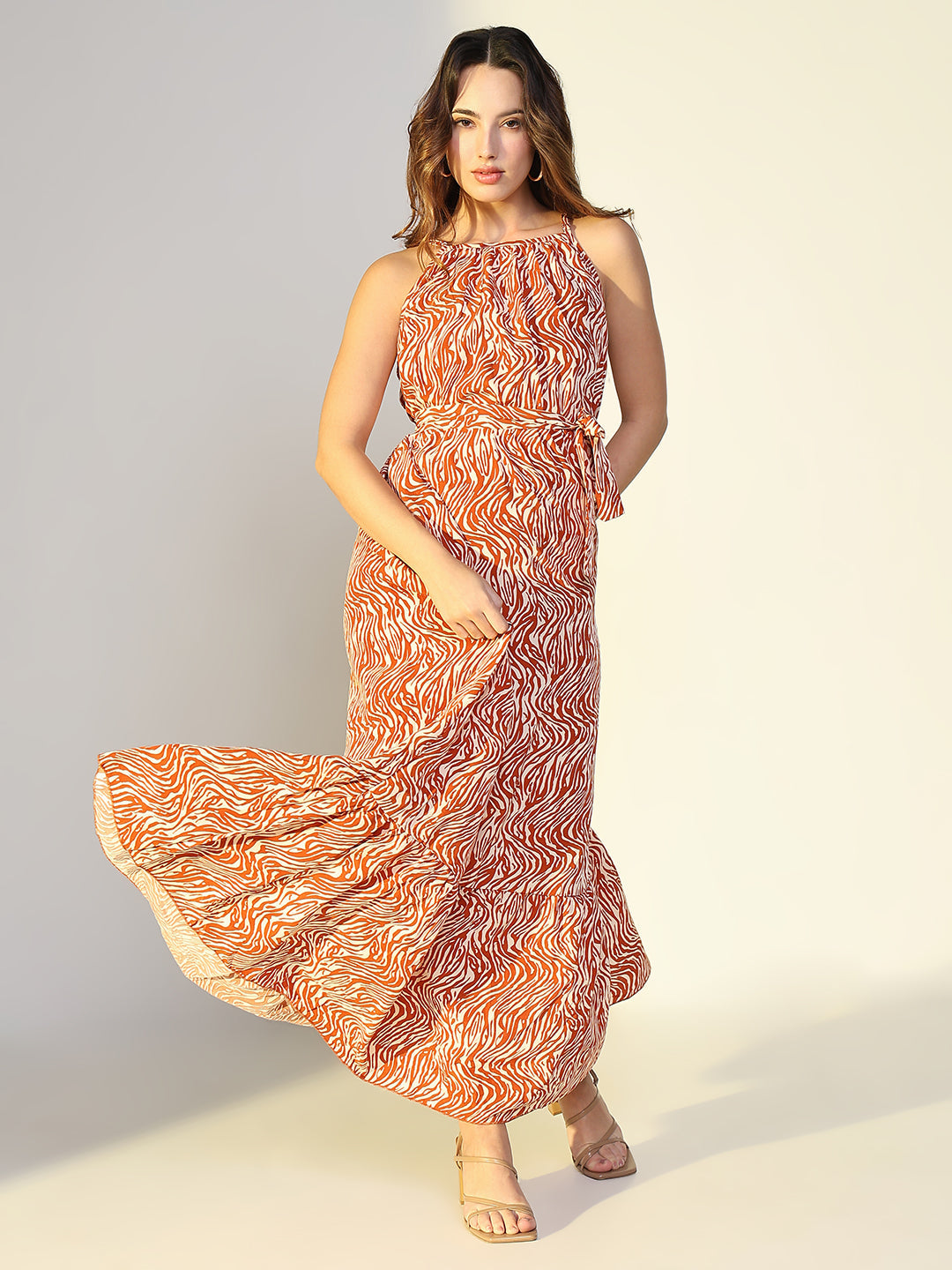 Women Rust Abstract Fit and Flare Dress